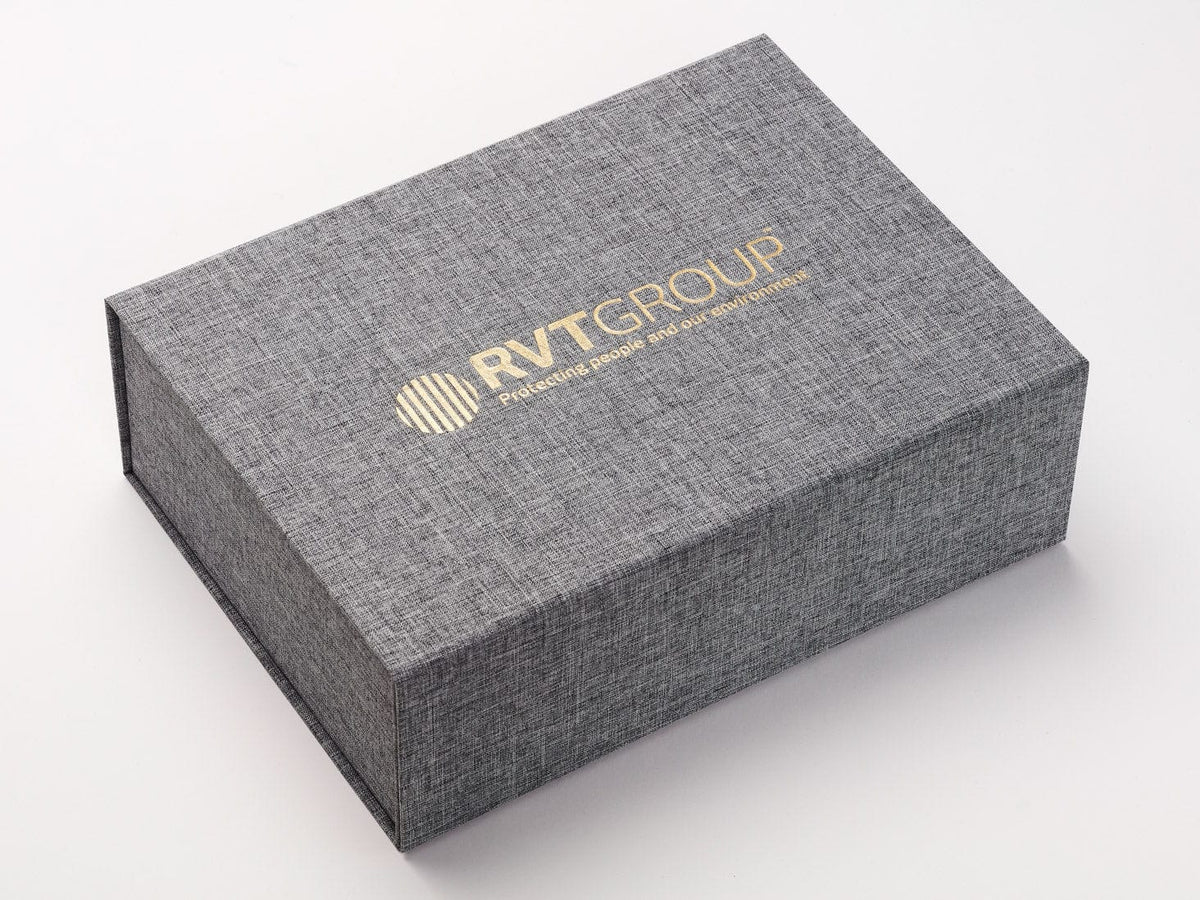 Gray Linen A4 Deep No Magnet Gift Box with Gold Foil Custom Logo