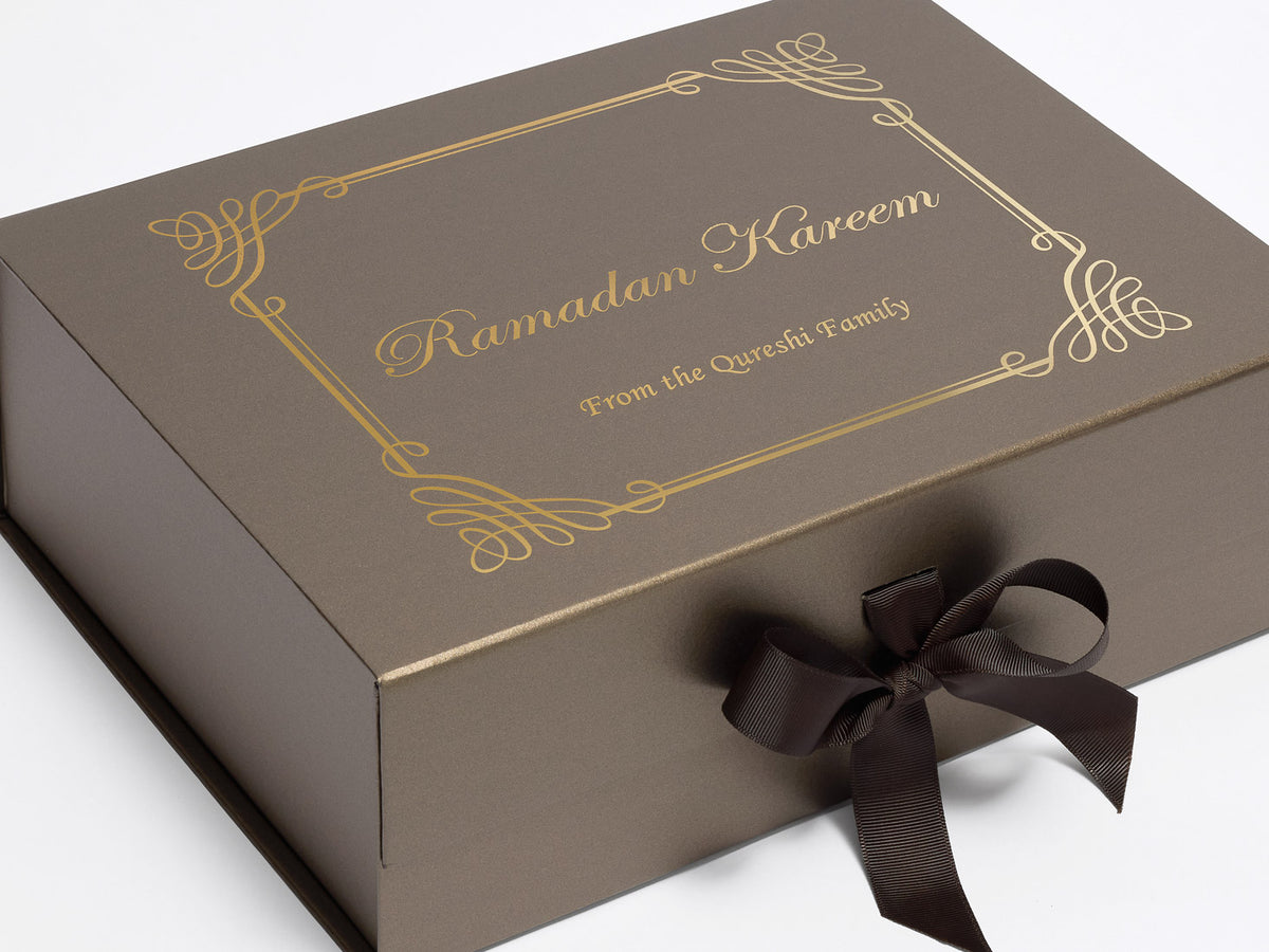 Gold foiled Ramadan Kareem logo on A4 Deep Bronze Changeable ribbon gift box