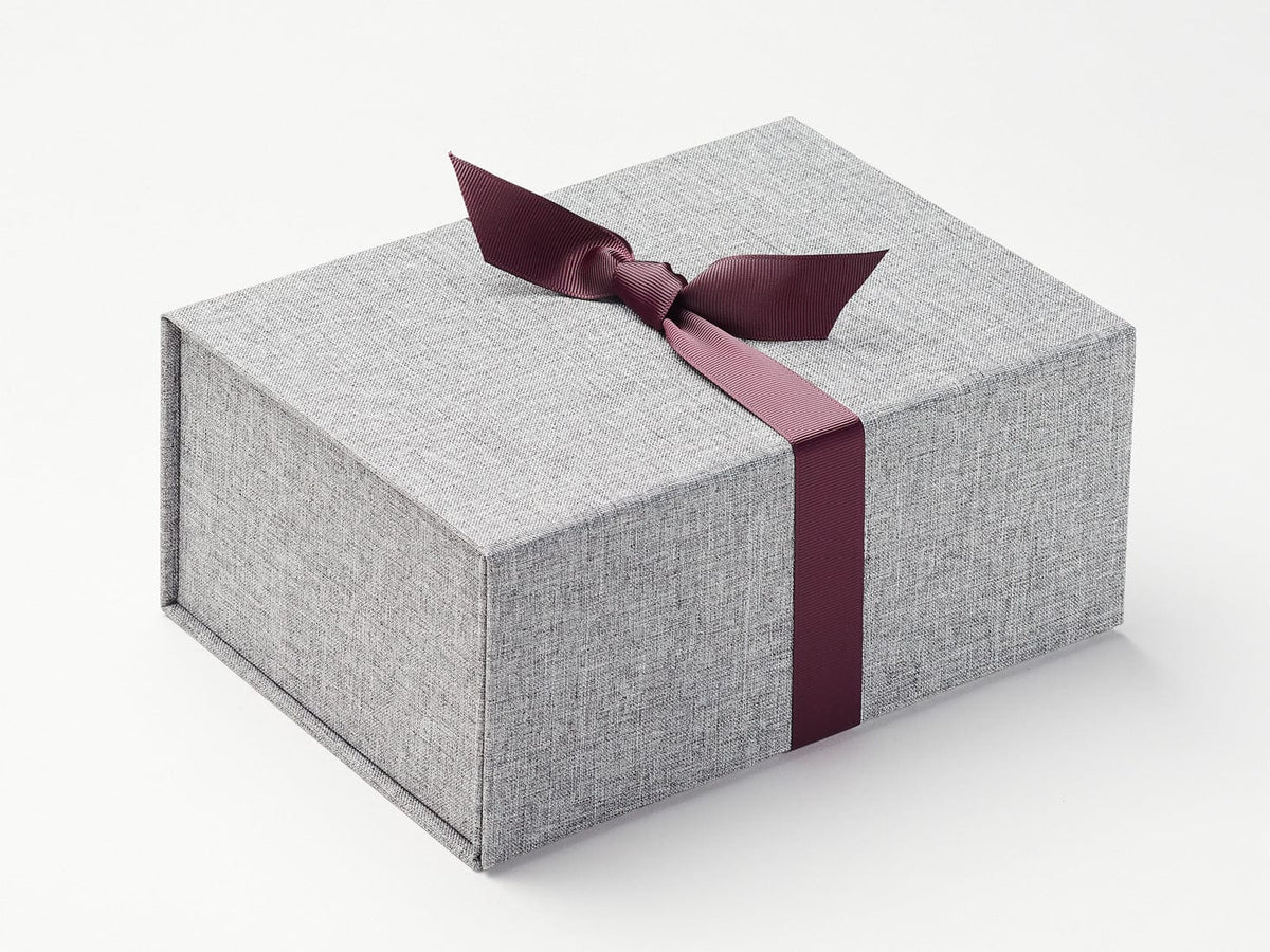 Gray Linen A5 Deep Gift Box with Midnight Plum Ribbon