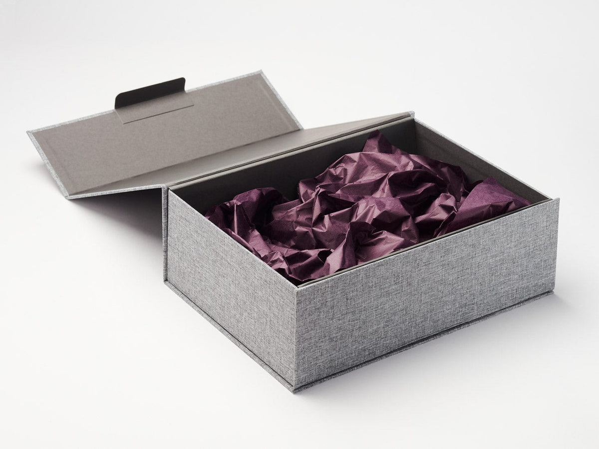 Gray Linen A4 Deep No Magnet Gift Box with Midnight Plum Tissue Paper