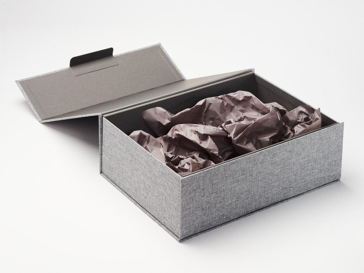 Gray Linen A4 Deep No Magnet Gift Box with Slate Gray Tissue Paper