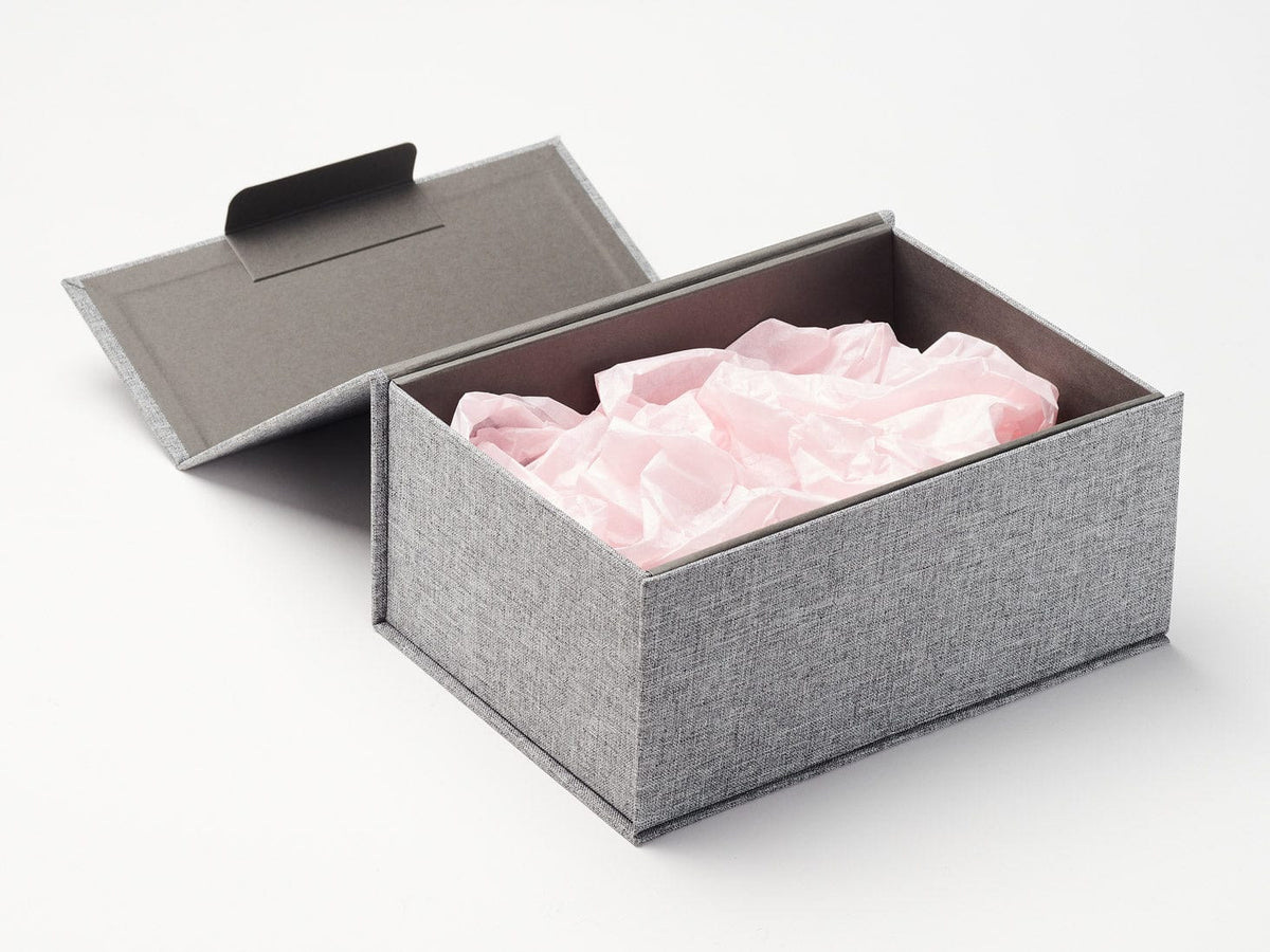 Gray Linen A5 Deep Gift Box with Pale Pink Tissue