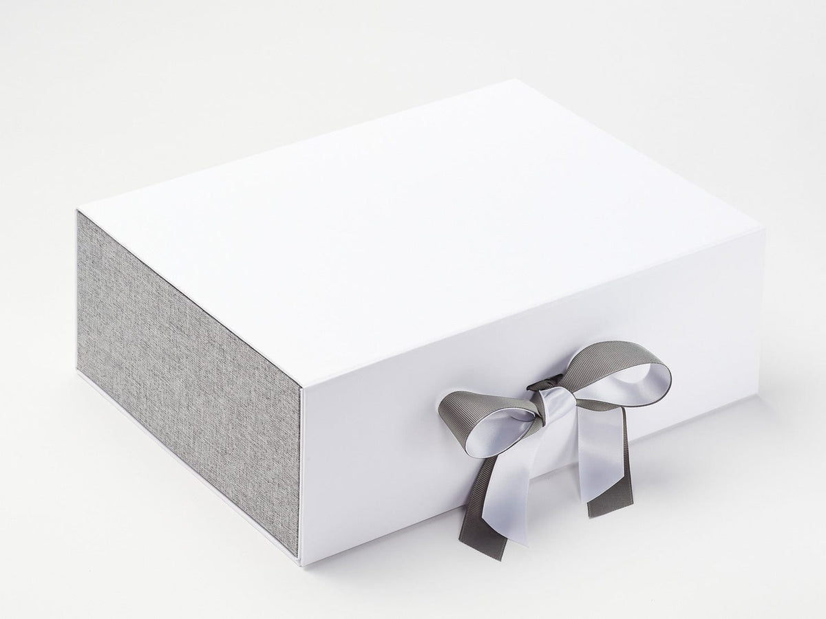 Gray Linen FAB Sides® Featured on White Gift Box with Metal Gray Ribbon