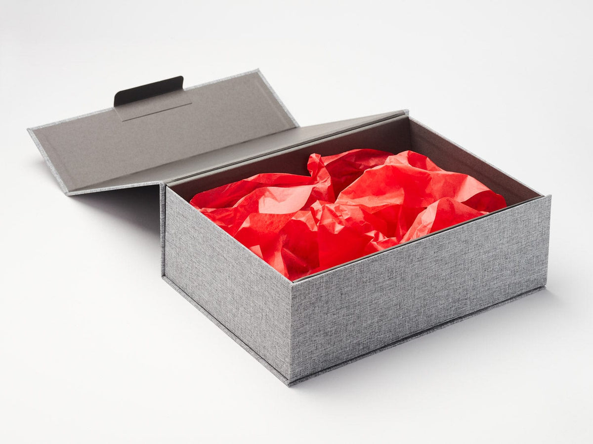 Gray Linen A4 Deep No Magnet Gift Box with Radiant Red Tissue Paper