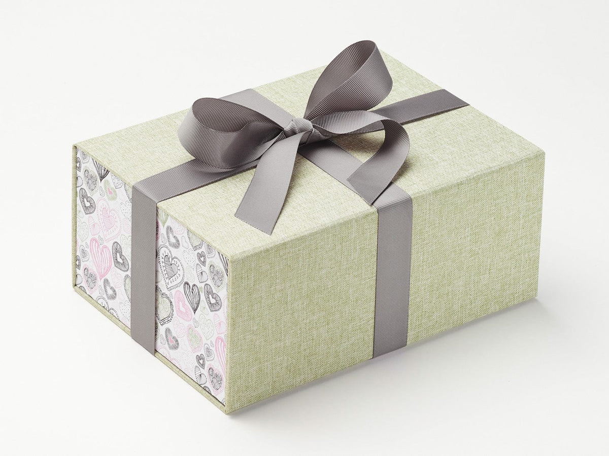 Sage Green Linen A5 Deep Gift Box with Love Doodle FAB Sides® and Metal Grey Ribbon