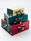 Holiday Season Gift Packaging With Pine Cone Panels in Forest Green and Gold