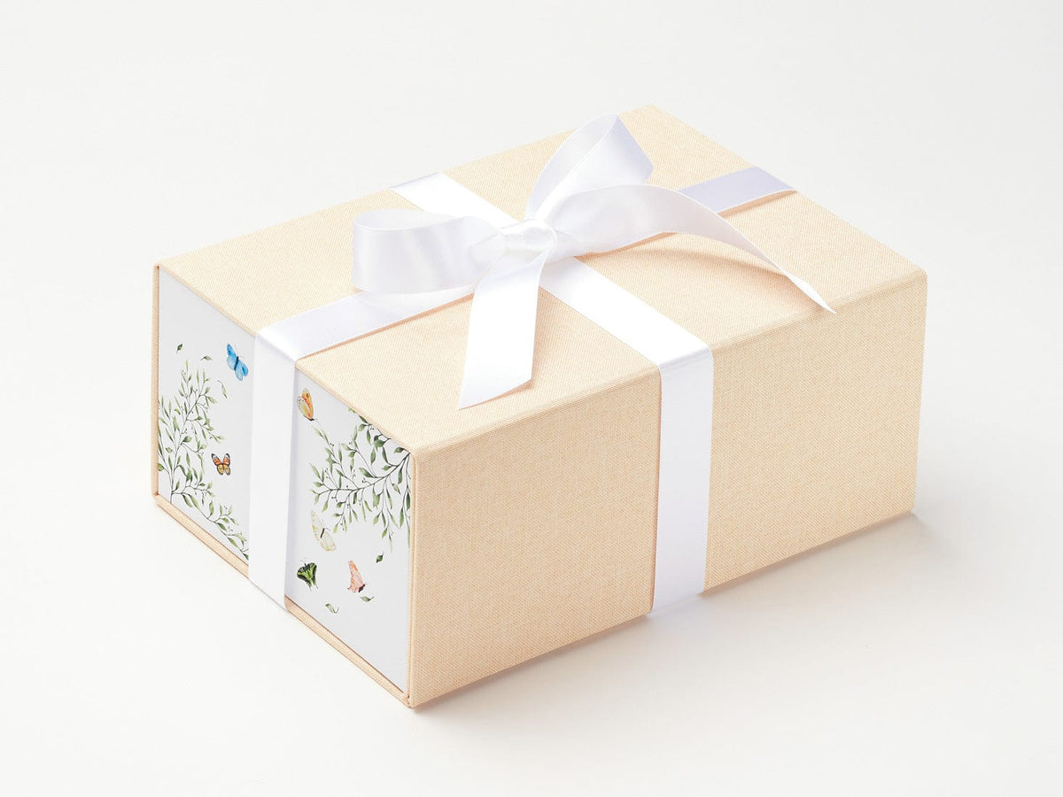 Hessian Linen A5 Deep Gift Box with Butterfly Bonanza FAB Sides® and White Satin Ribbon