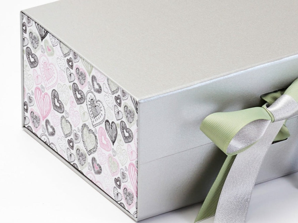 Love Doodle FAB Sides® Decorative Side Panels on White Gift Box with Spring Moss and Silver Sparkle Double Ribbon