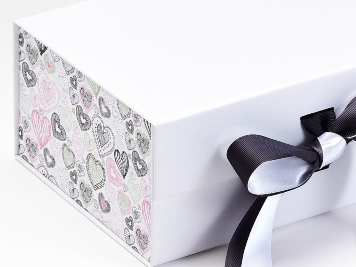 Love Doodle FAB Sides® Decorative Side Panels on White Gift Box with Charcoal Double Ribbon