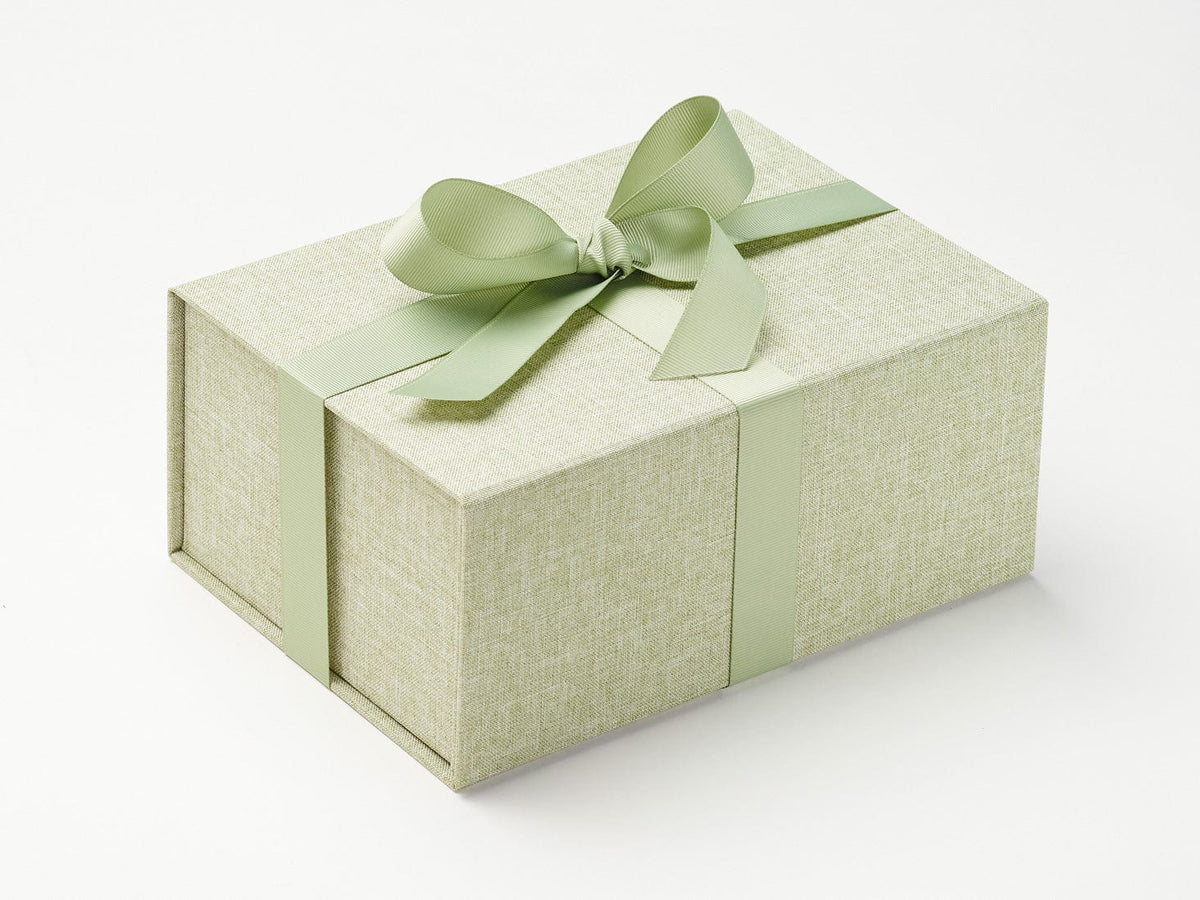 Sage Green Linen No Magnet Gift Box with Spring Moss Ribbon