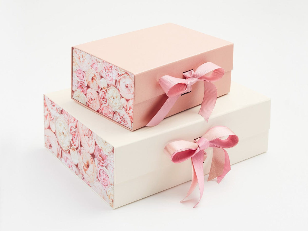 Rose Gold Sparkle and Wild Rose Ribbon Featured with Pink Peony FAB Sides® on Ivory Gift Box