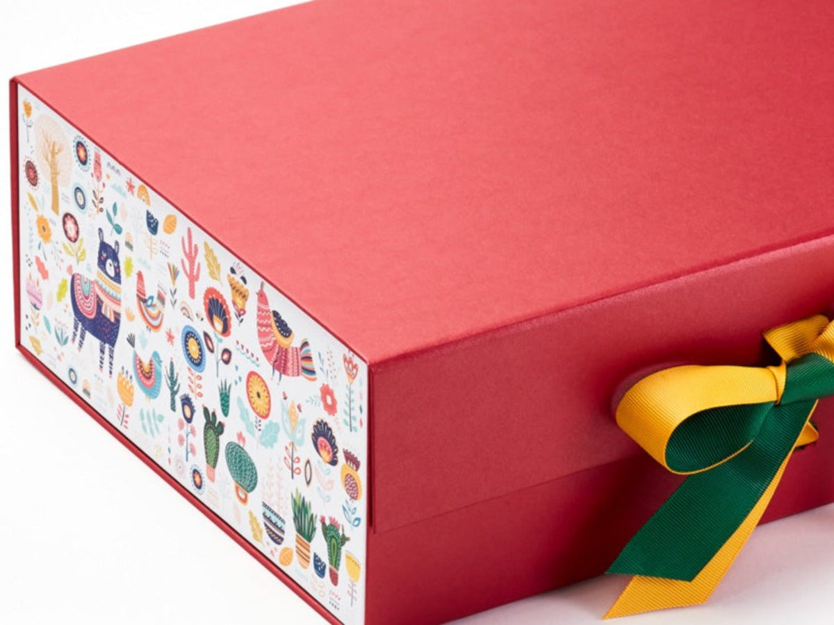 Mexican Mix FAB Sides® Featured on Red Gift Box with Forest Green and Dandelion Ribbon
