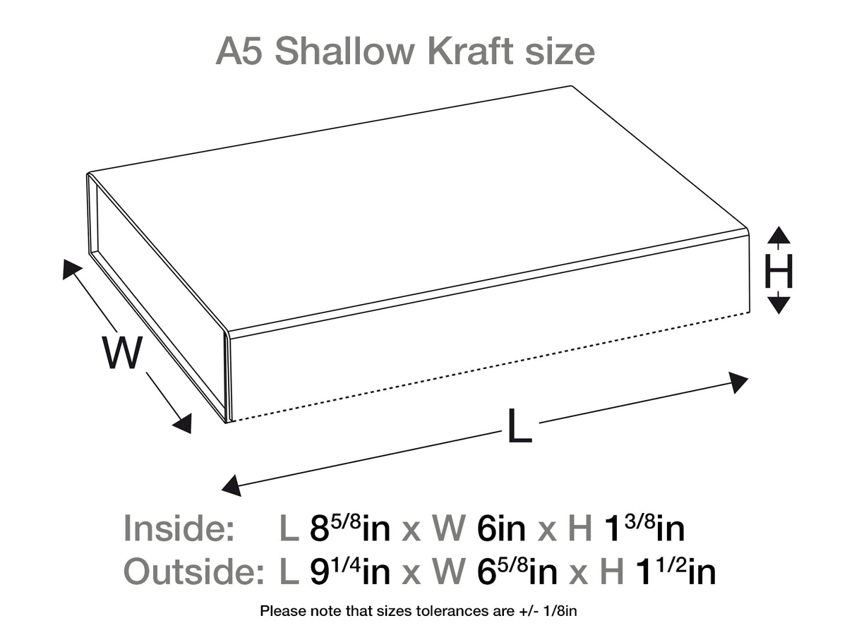 Diagram of an A5 shallow kraft size box with dimensions labeled.