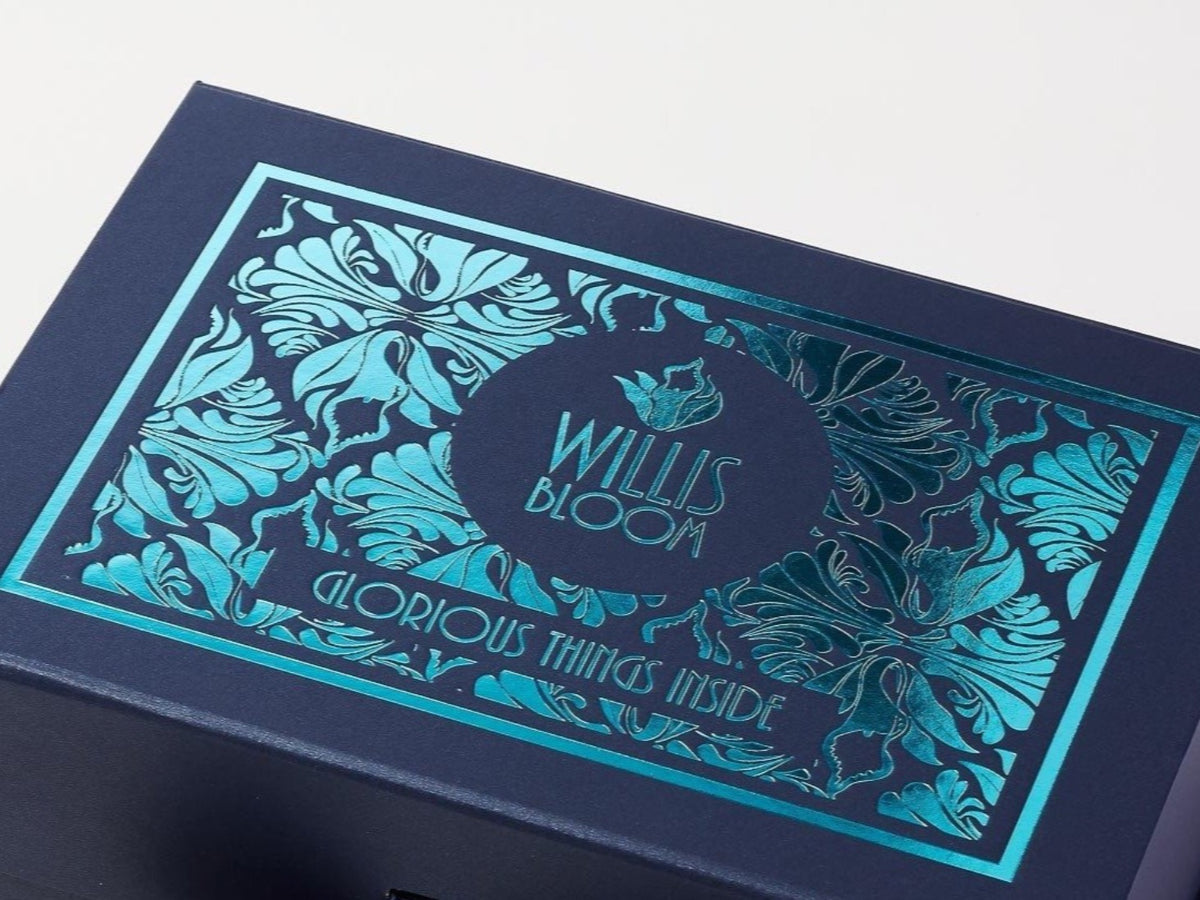 Navy Blue Gift Box with Custom Turquoise Foil Printed Design