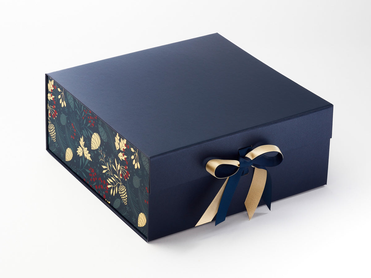 Xmas Pine Cones FAB Sides® Featured on Navy Blue Xl Deep Gift Box with Gold Sparkle Satin Double Ribbon