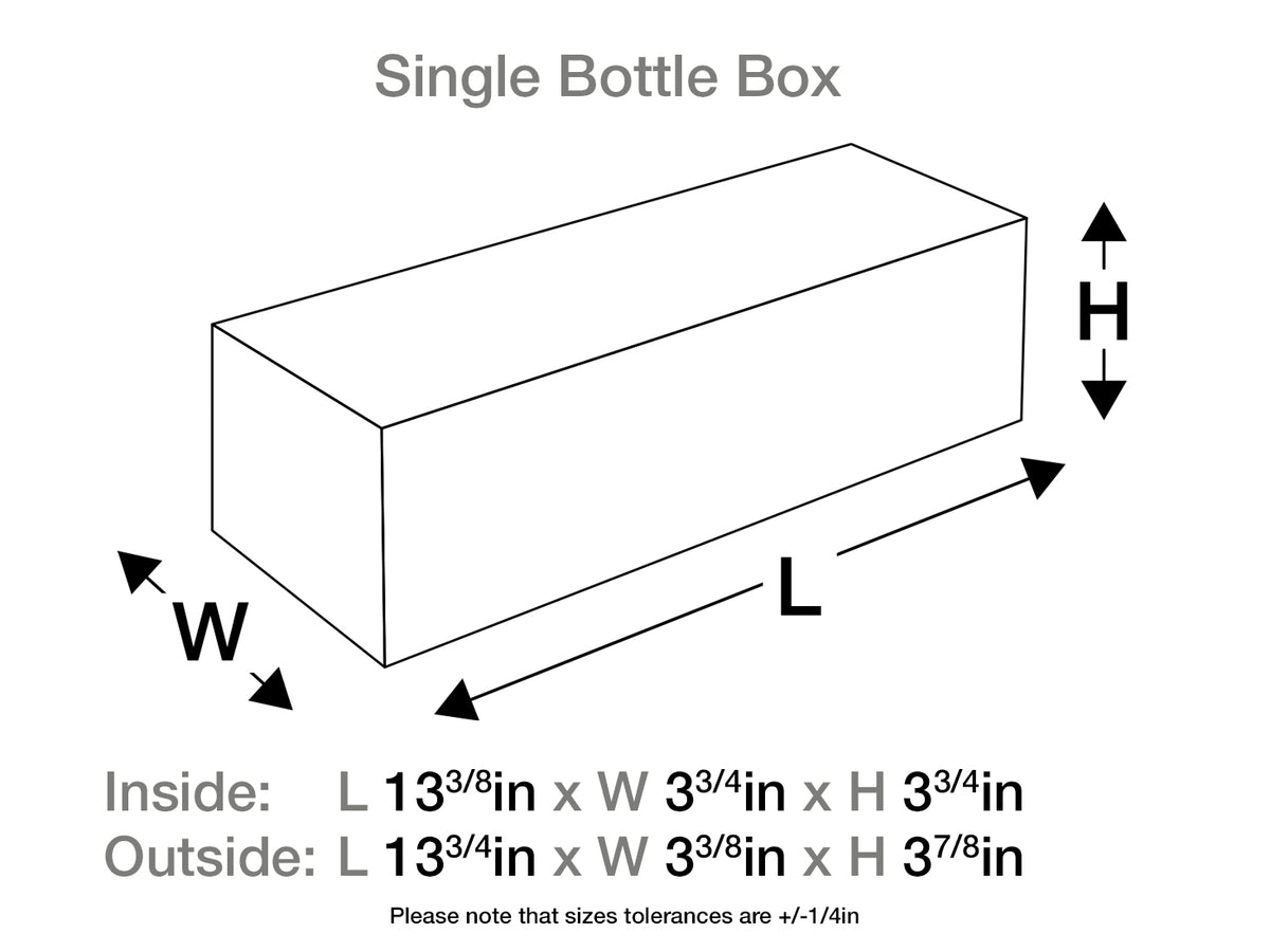 Diagram of a single bottle box with dimensions labeled