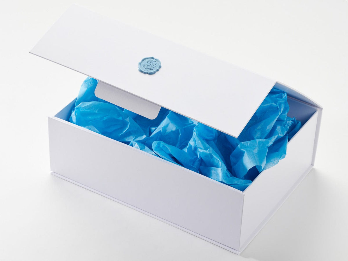 Pale Blue Wax Seal Featured on WEhite A4 Deep No Magnets Gift Box with Porcelain Blue Tissue Paper