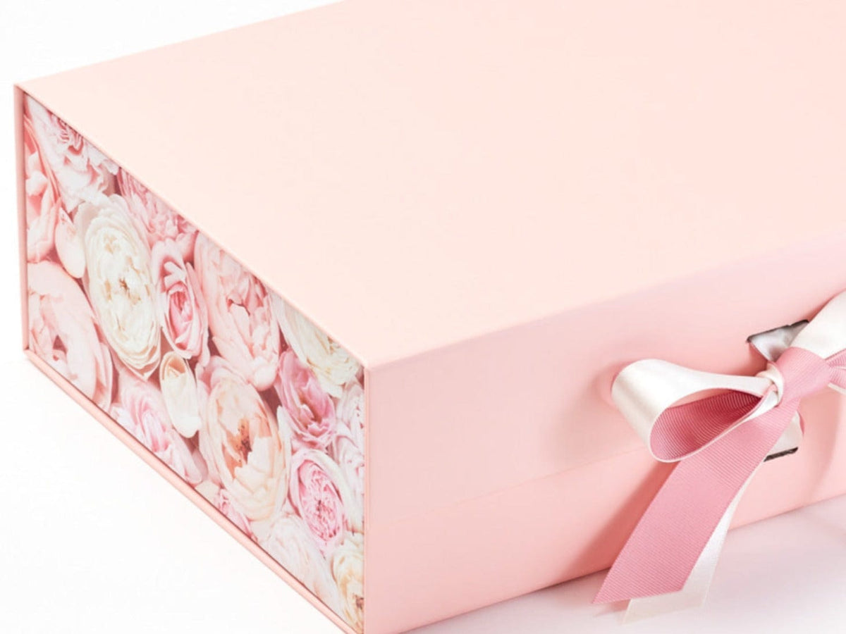 Pink Peony FAB Sides® Featured on Pale Pink Gift Box with Ivory Satin and Rose Quartz Ribbon