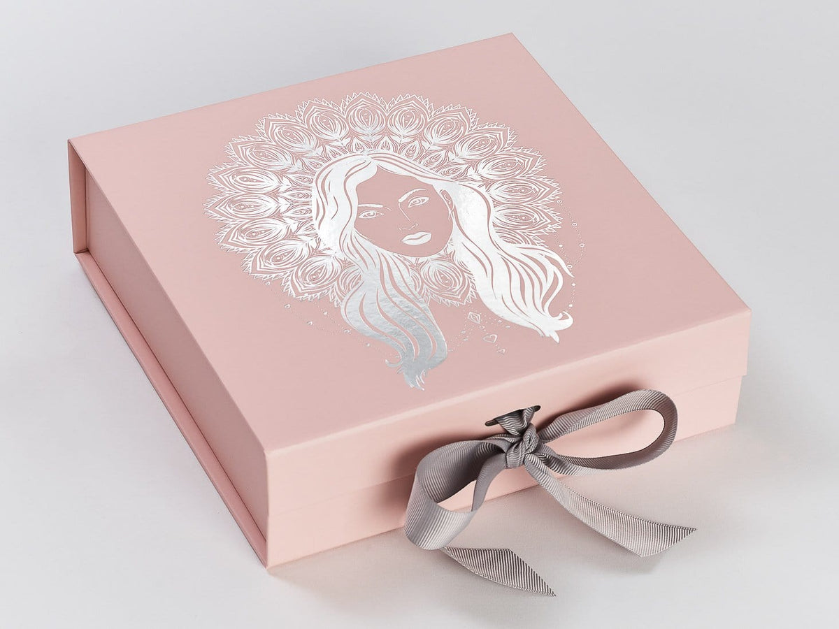 Pale Pink Gift Box with Silver Logo and Silver Grey Ribbon