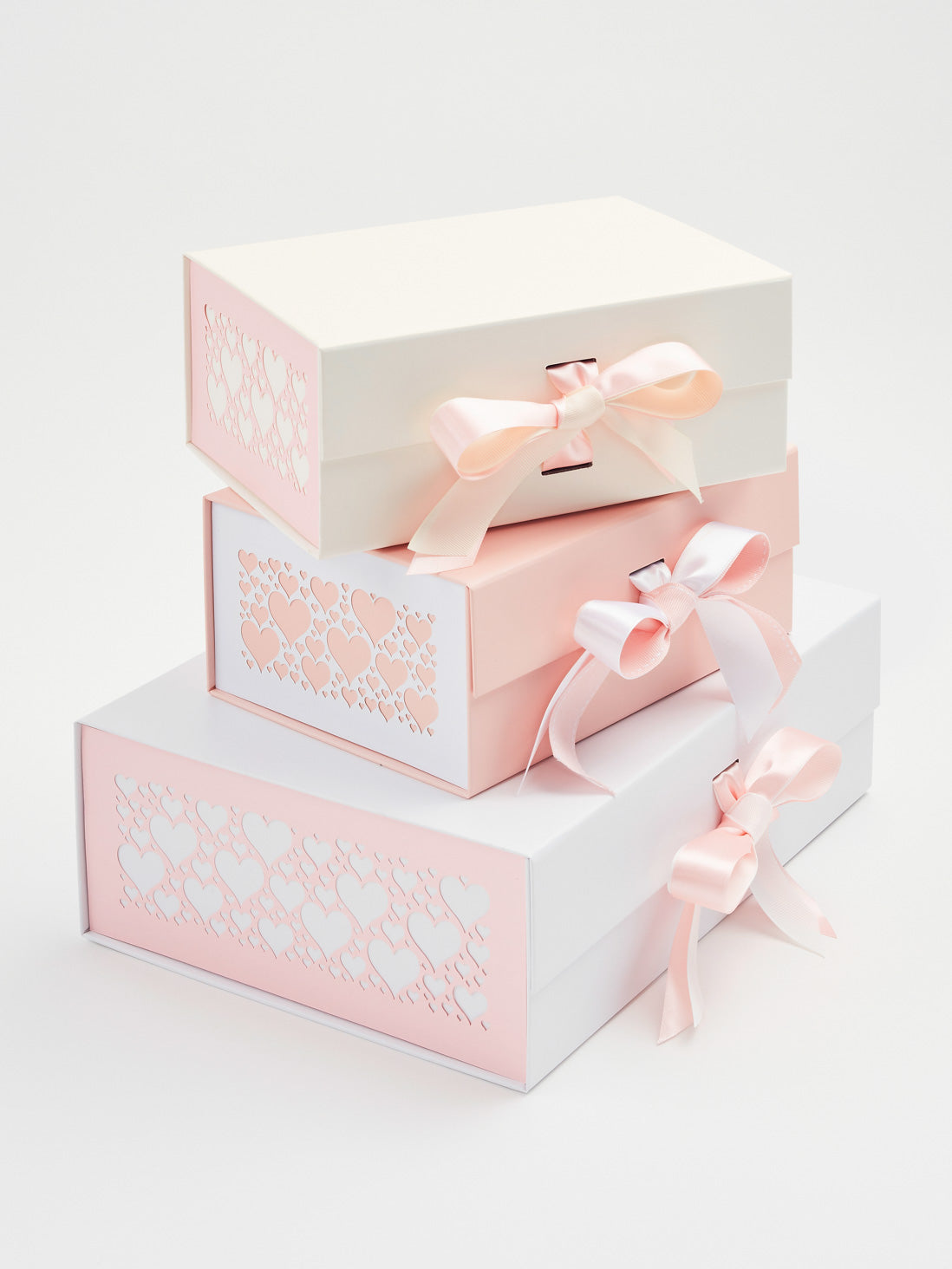 Pale Pink Hearts FAB Sides® Featured with Pale Pink Satin Ribbon on Various Gift Boxes