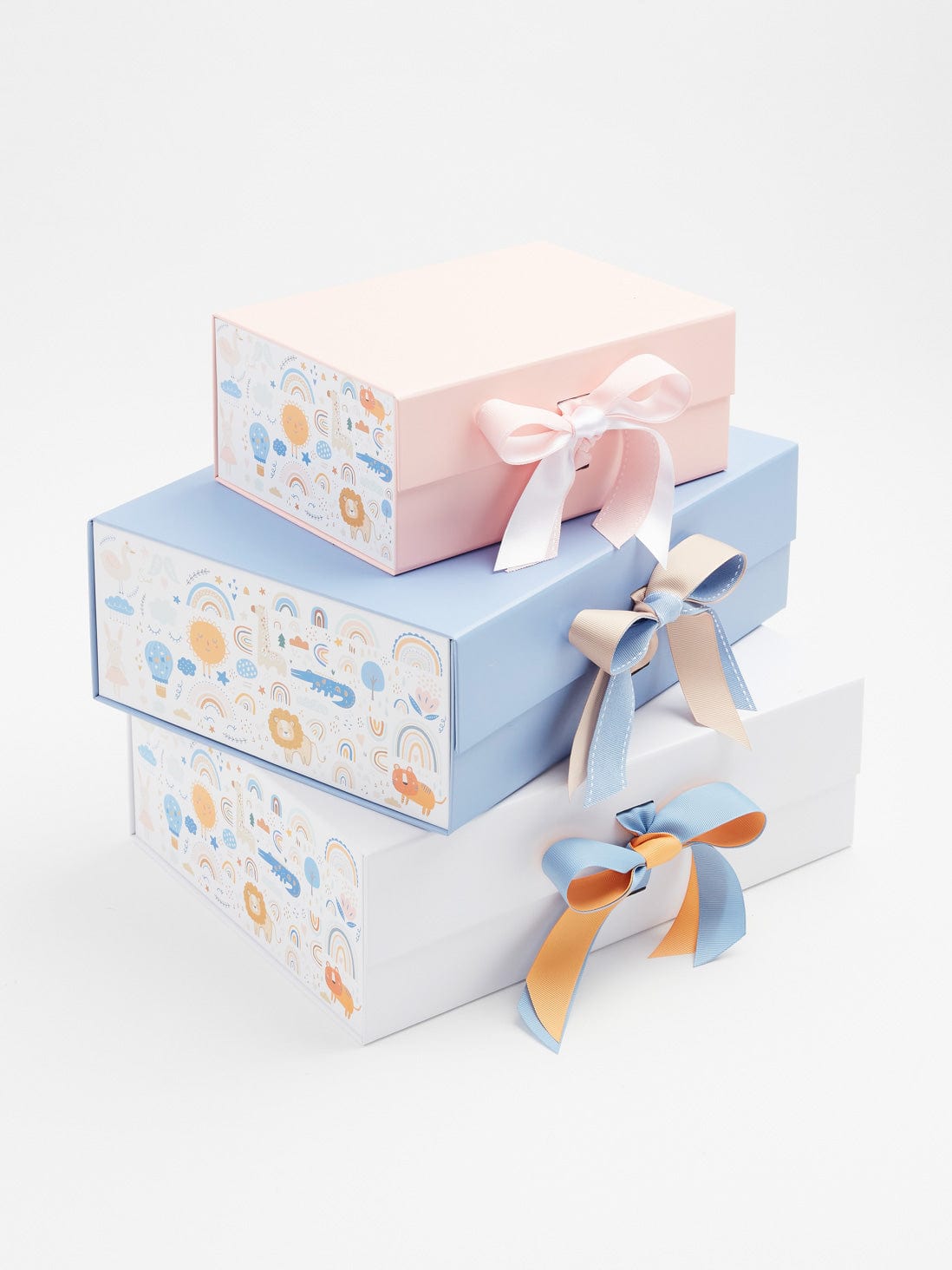 Rainbow Zoo FAB Sides® Featured on Pale Pink, Pale Blue and White Gift Boxes