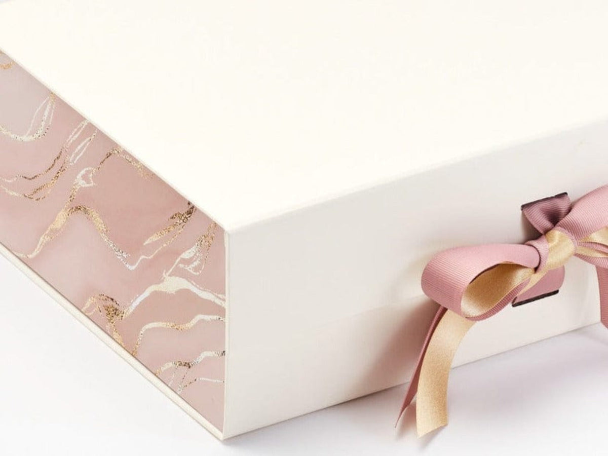 Pink Marble FAB Sides® Decorative Side Panels Featured on Ivory Gift Box with Antique Mauve and Gold Sparkle Double Ribbon