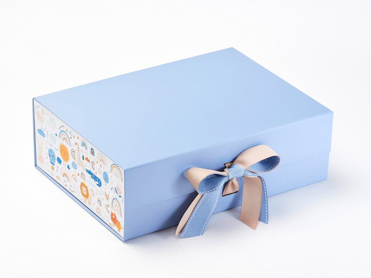 Rainbow Zoo FAB Sides® Featured on Pale Blue Gift Box with Tan Double Ribbon