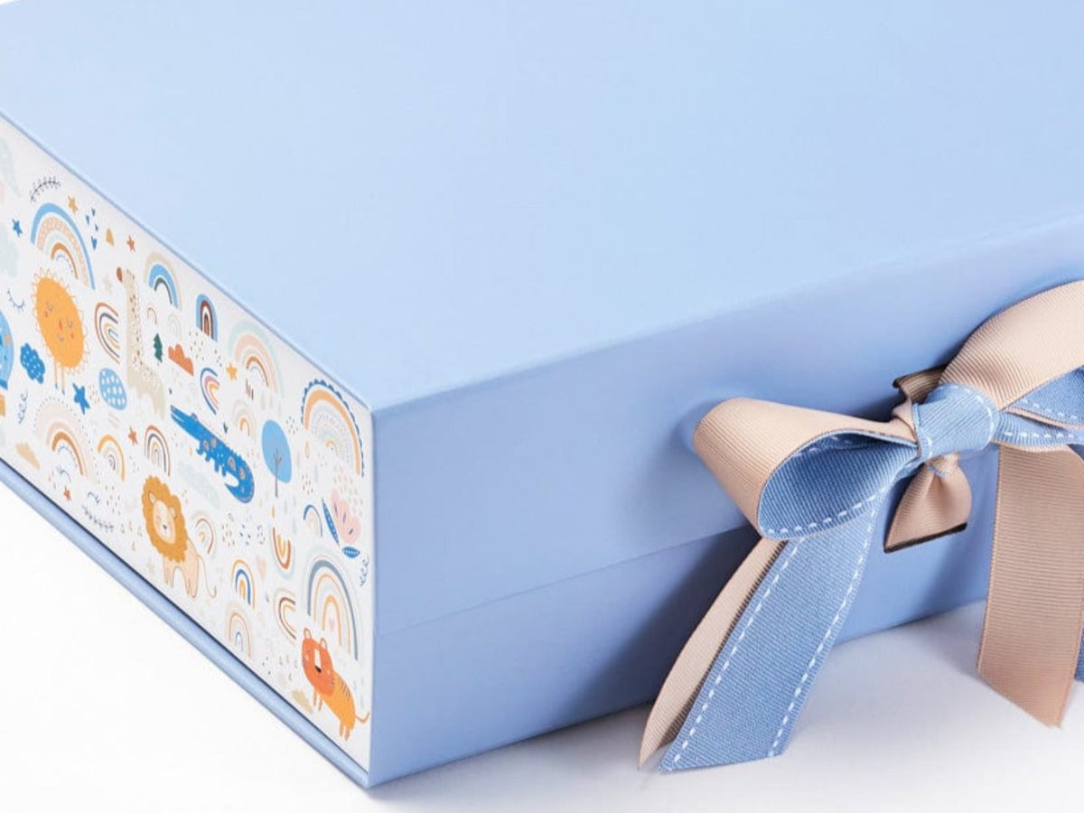 Rainbow Zoo FAB Sides® Featured on Pale Blue Gift Box with Tan Double Ribbon