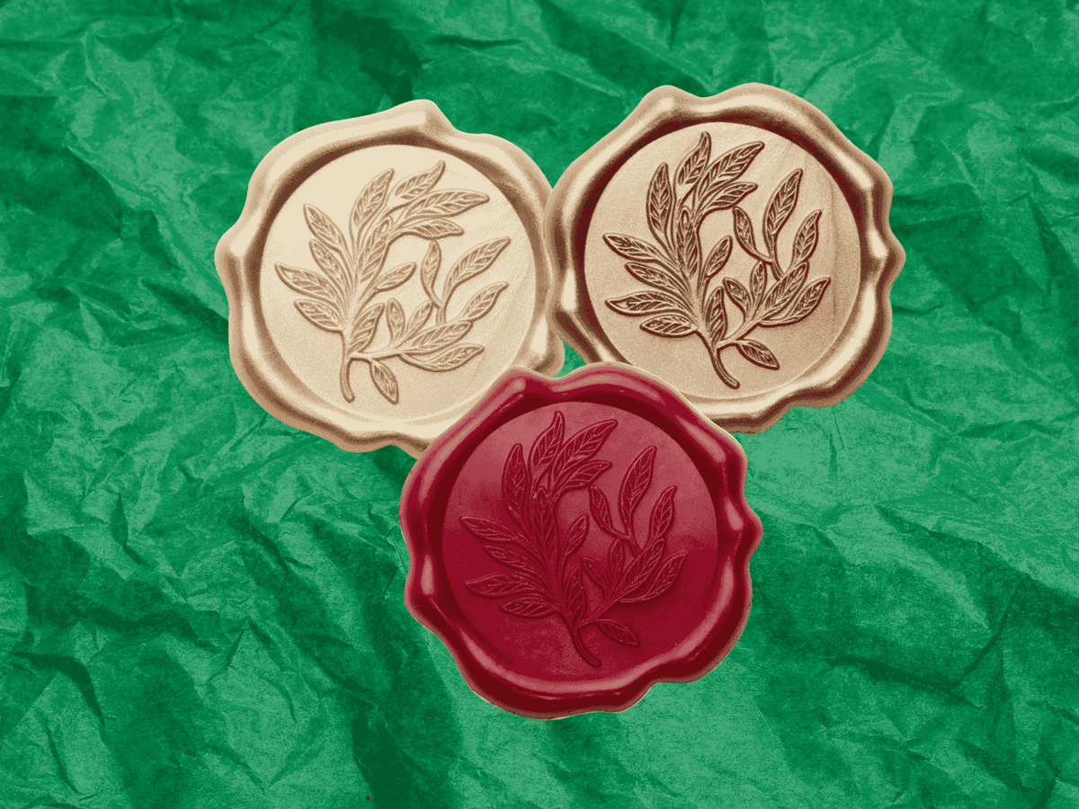 Red, Gold and Copper Wax Seal Featured with Emerald Green Tissue Paper