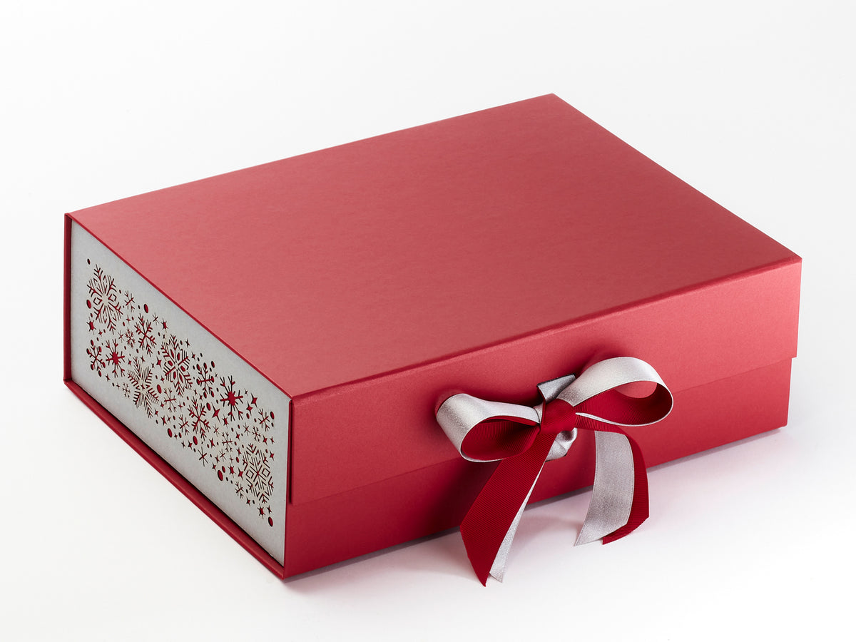 Silver Snowflakes FAB Sides® Featured on Red A4 Deep Gift Box with Silver Sparkle Ribbon