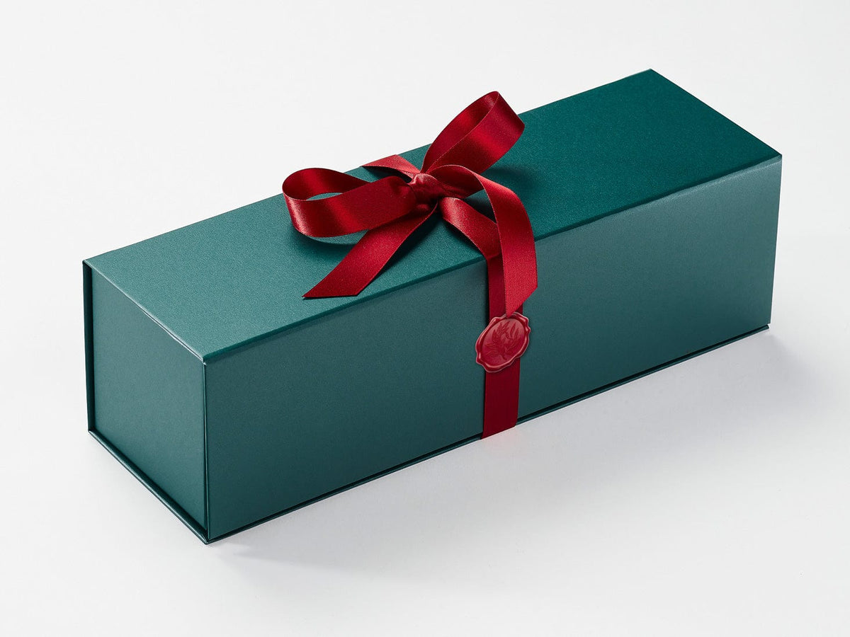 Forest Green Sing;e Bottle Gift Box with Red Sparkle Wrapped Ribbon and Red Wax Seal