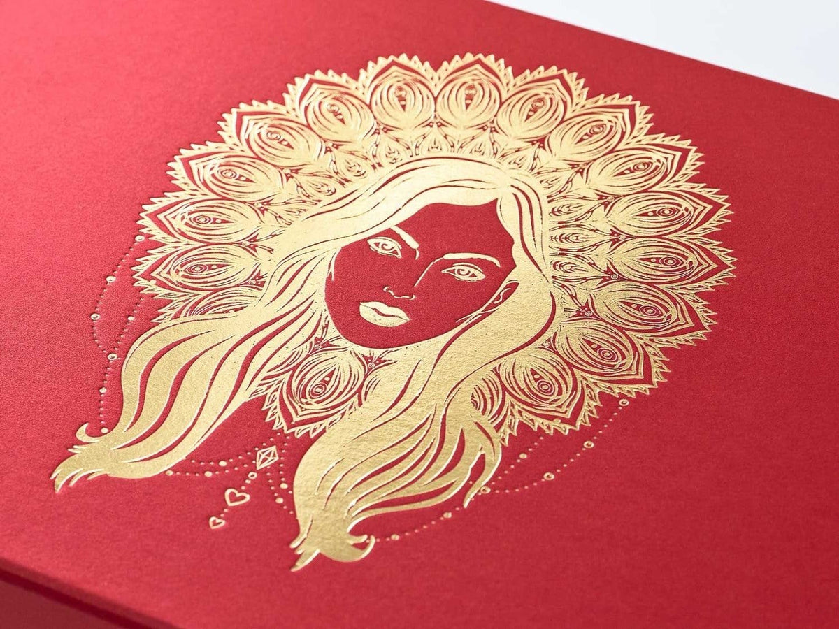 Red Folding Gift Box with Gold Foil Printed Boho Diva Design
