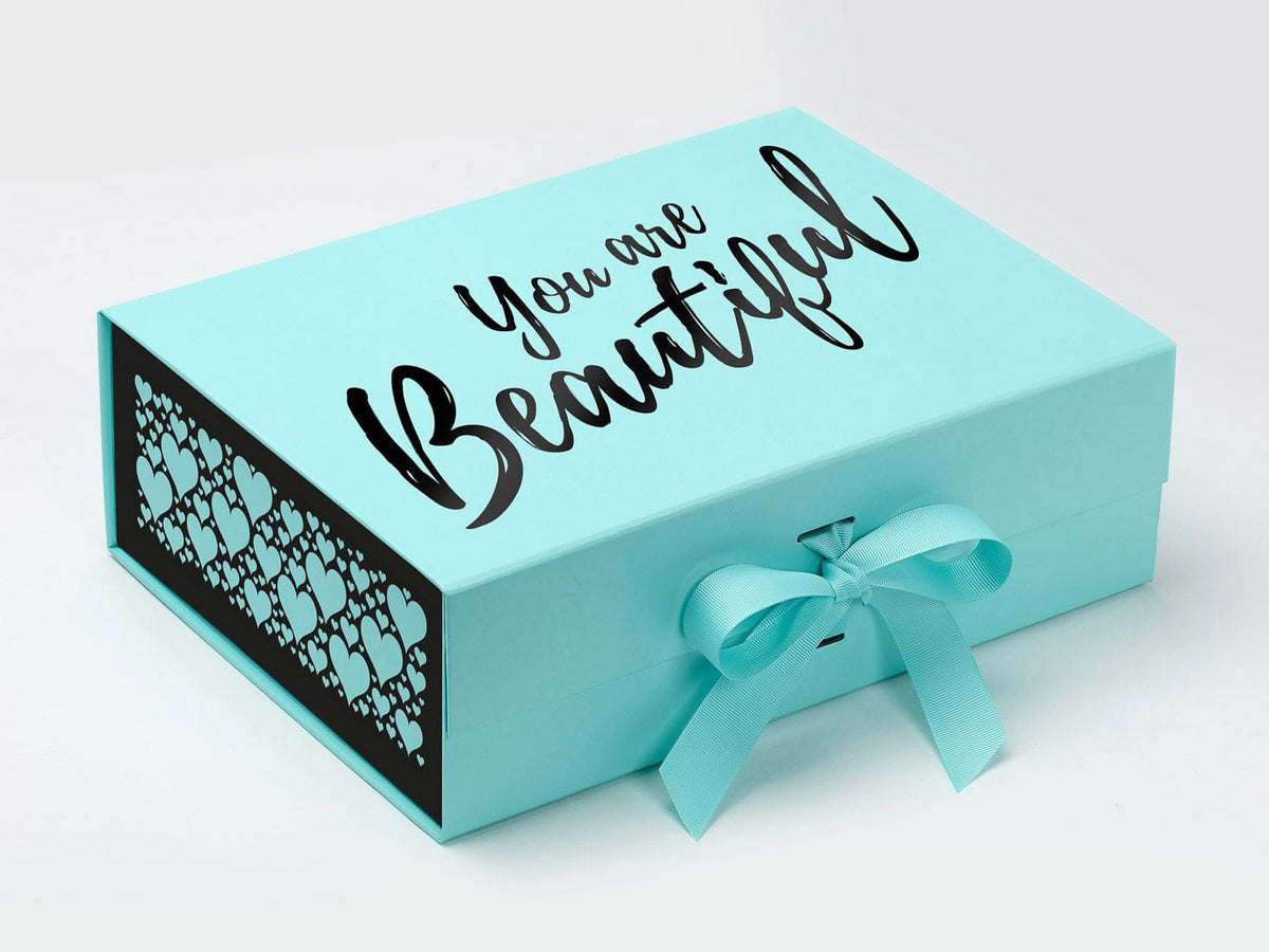 Robin Egg Blue A4 Deep Gift Box Featured with Black Heart FAB Sides® and Black Custom Logo Printing
