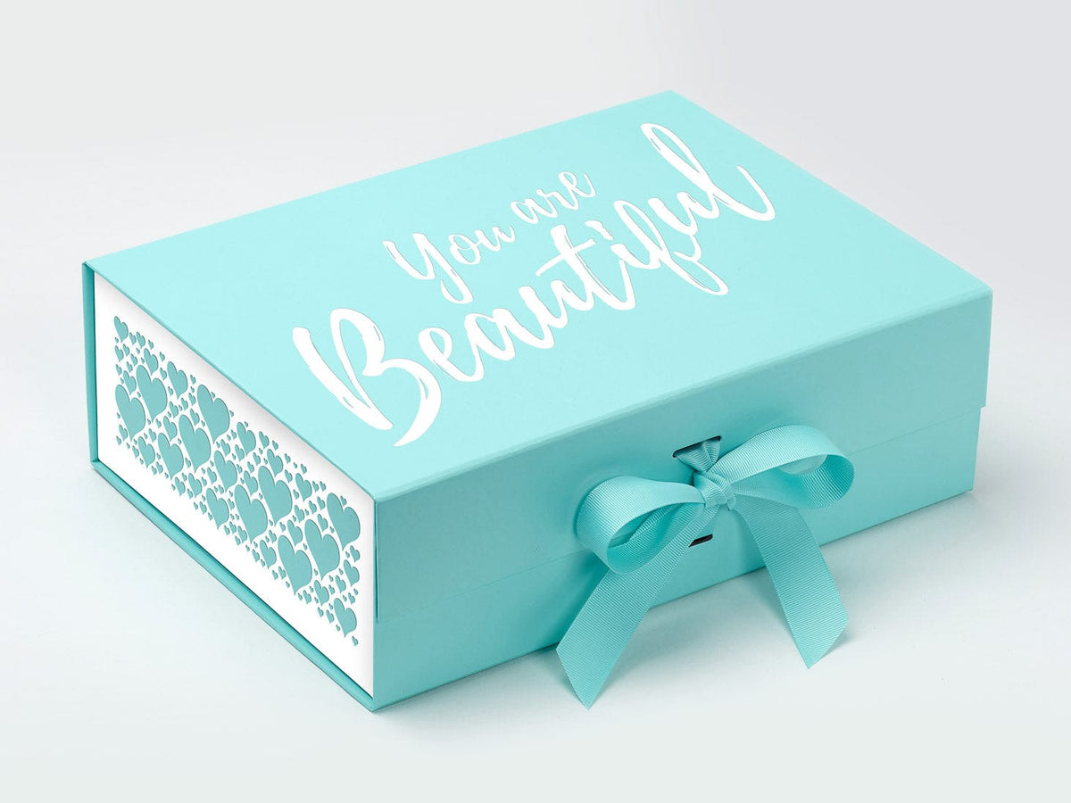 Robin Egg Blue A4 Deep Gift Box Featured with White Heart FAB Sides® and White Custom Logo Printing