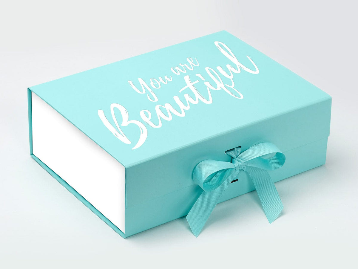 Robin Egg Blue A4 Deep Gift Box Featured with White FAB Sides® and White Custom Logo Printing
