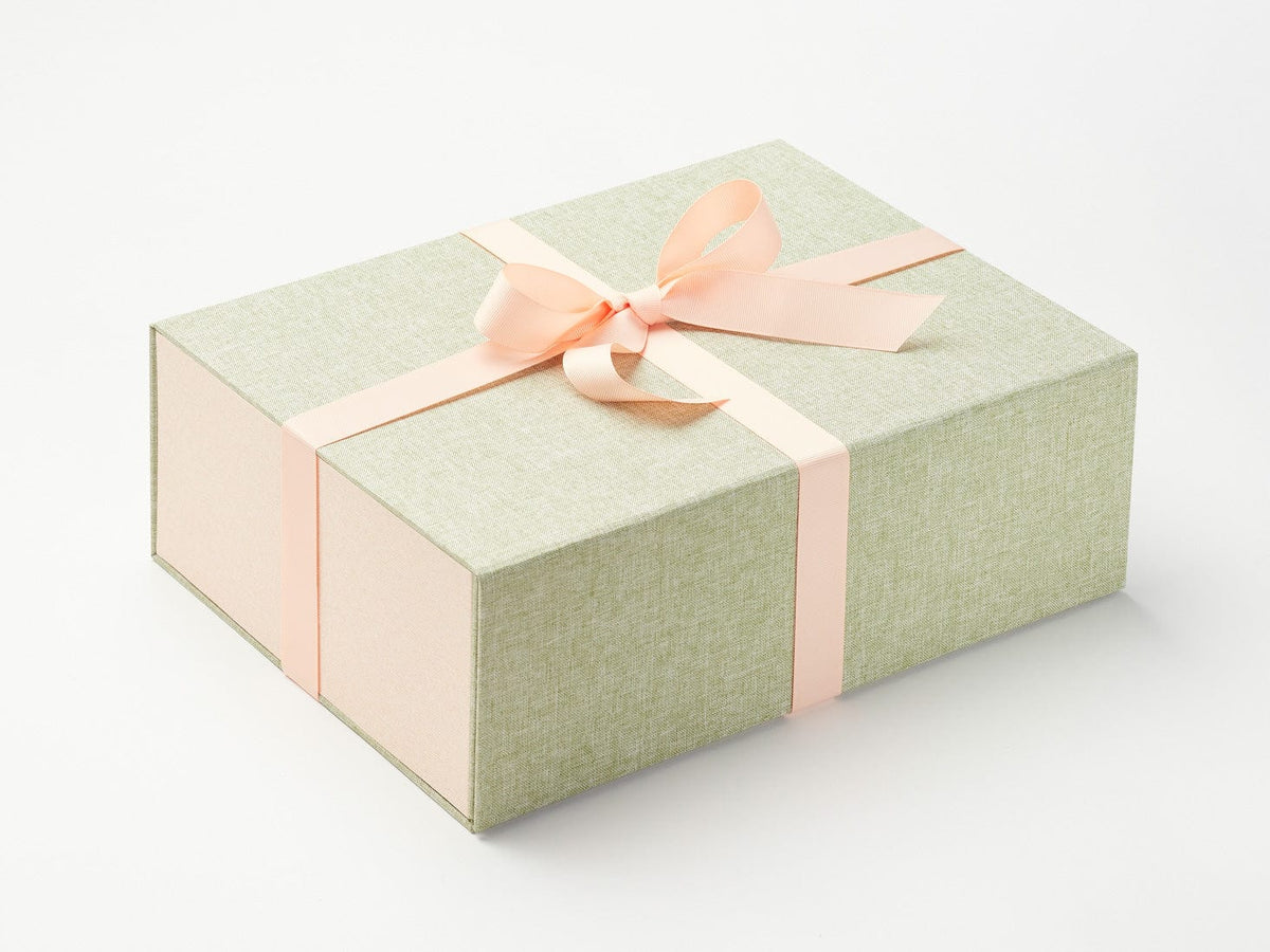 Sage Green A4 Deep Gift Box with Hessian FAB Sides® and Peach Fuzz Ribbon