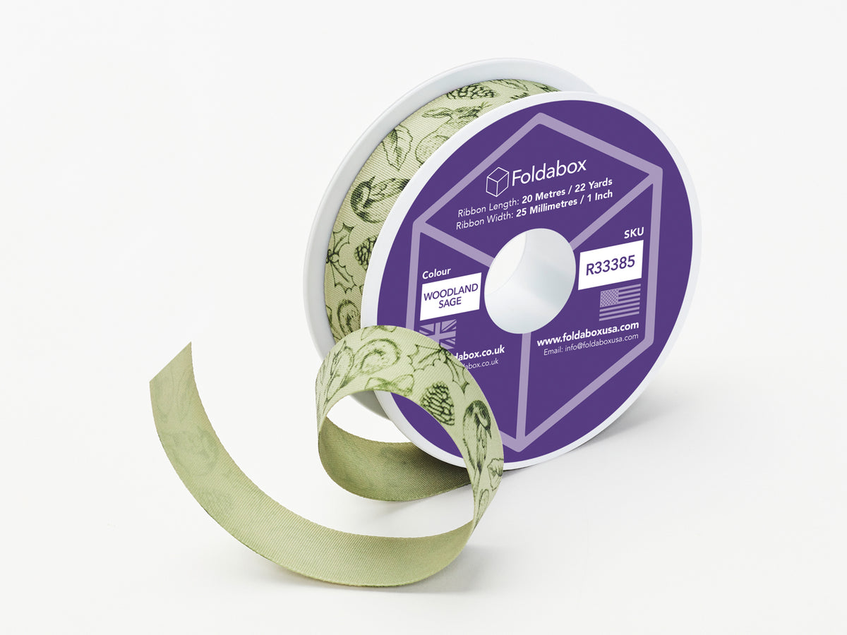 Woodland Friends Sage Christmas Printed Ribbon From Foldabox