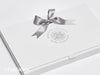 White A4 Docubox with Silver Metallic Foiled Logo on lid and Sparkle Silver Satin Ribbons