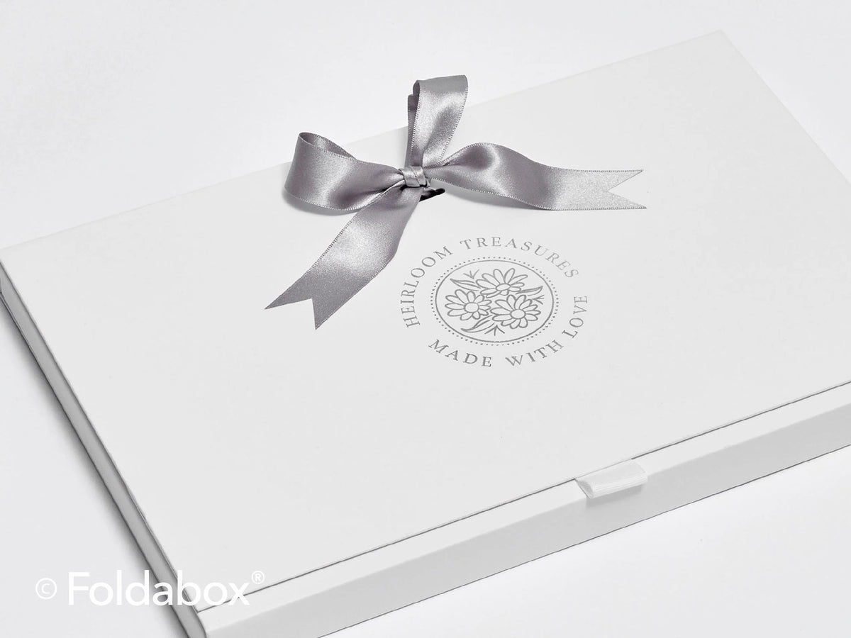 White A4 Docubox with Silver Metallic Foiled Logo on lid and Sparkle Silver Satin Ribbons