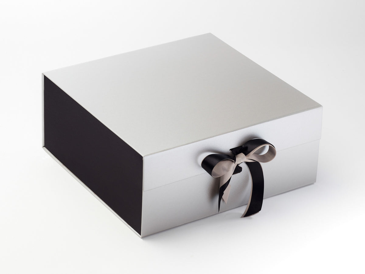 Silver XL Deep Gift Box With Black Side Panels and Ribbon