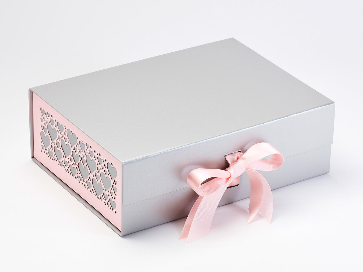 Pale Pink Hearts FAB Sides® Featured on Silver Gift Box with Pale Pink Satin and Powder Pink Grosgrain Double Ribbon