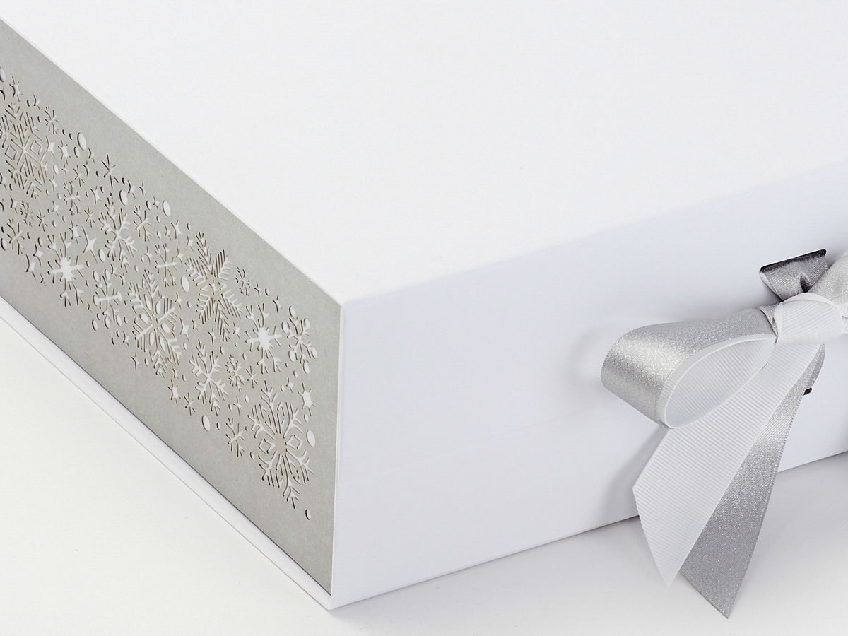 Silver Snowflakes FAB Sides® Featured on White A4 Deep Gift Box Close Up