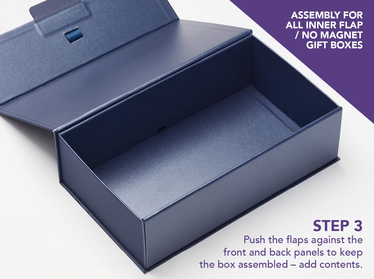 Blue gift box with open lid on a white background, showing assembly instructions.