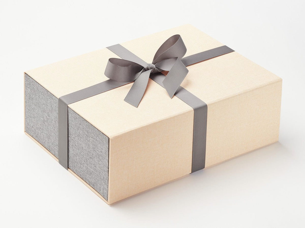 Gray Linen FAB Sides® Featured on Hessian Linen Gift Box with Metal Gray Ribbon