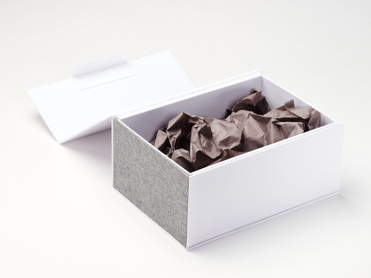 White A5 Deep No Magnets Gift Box with Gray FAB Sides® and Slate Gray Tissue
