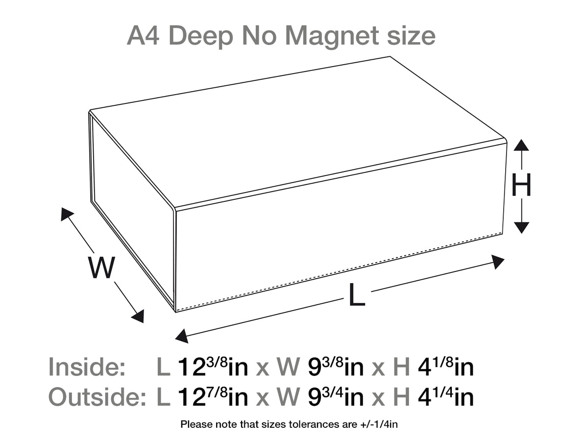 Diagram of White A4 Deep No Magnet gift box with measurements