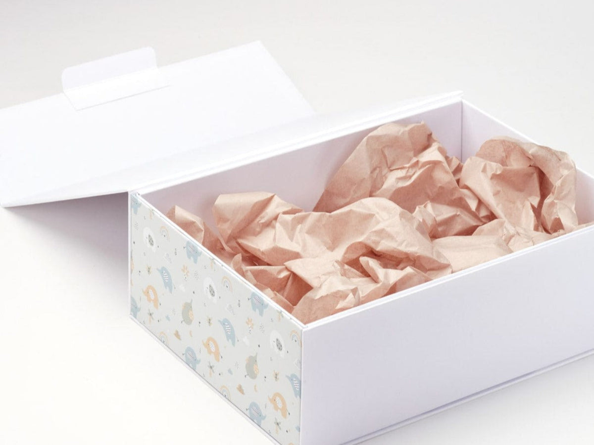 White No Magnets Gift Box with Heffalump FAB Sides® and Stone Tissue Paper