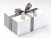 White A5 Deep No Magnets Gift Box with Gray Linen FAB Sides® and Metal Gray Ribbon