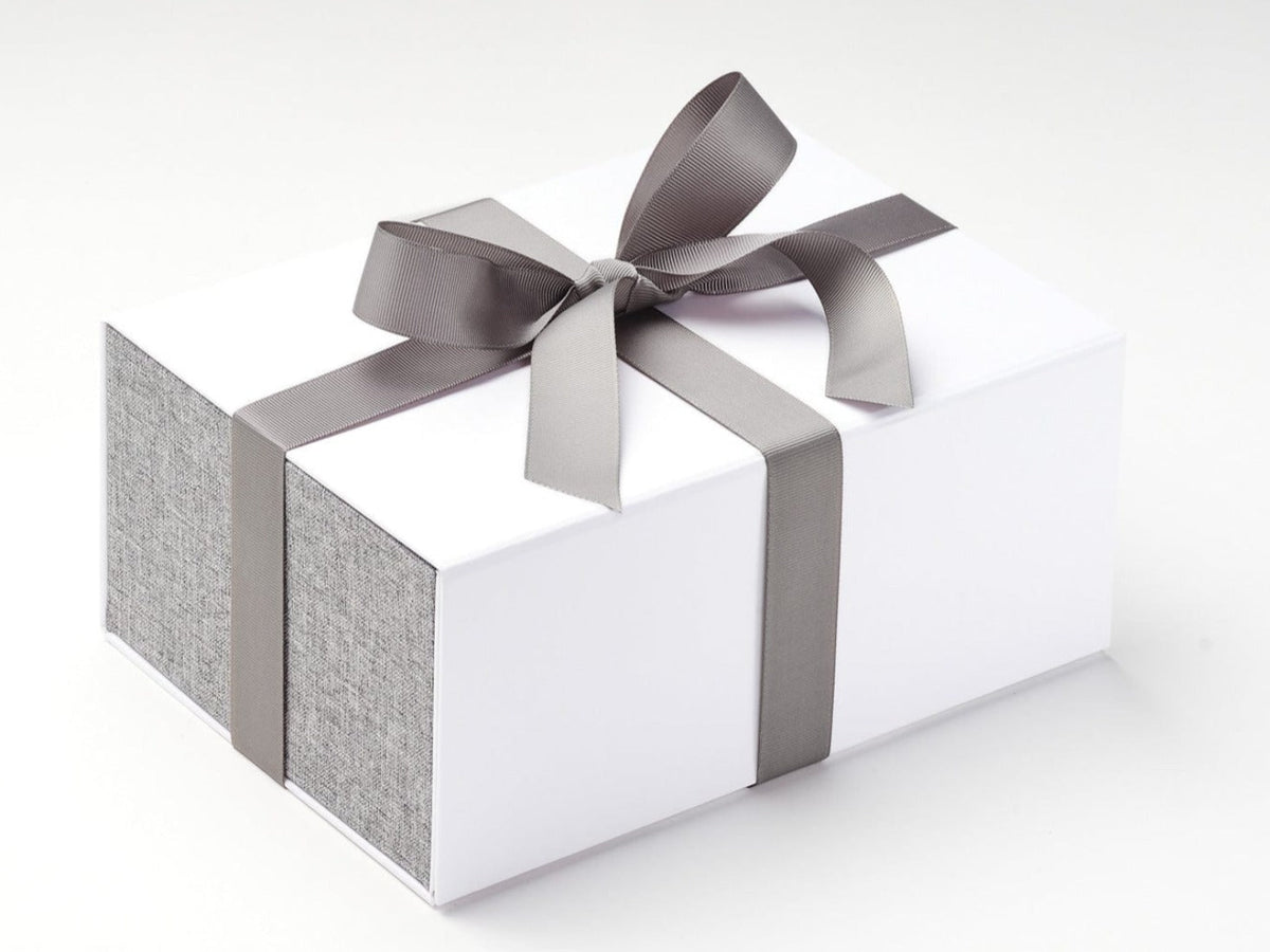 White A5 Deep No Magnets Gift Box with Gray Linen FAB Sides® and Metal Gray Ribbon