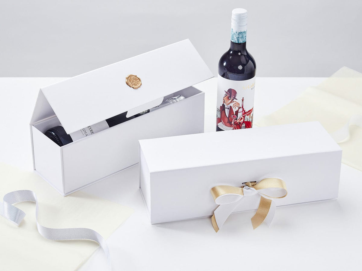White Single Bottle Gift Boxes with Gold Wax Seal and Gold Sparkle Ribbon